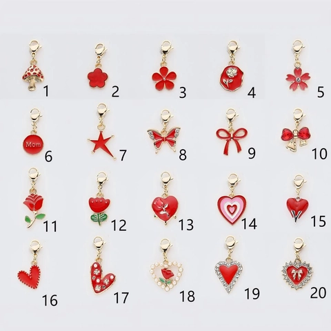 Red Enameled Alloy Flower Heart Butterfly Pendant Charms With Lobster Clasp DIY Jewelry Making Charms For Bag Decor Women