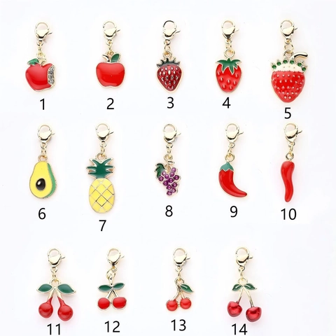Alloy Enamel Fruit Pendant With Lobster Clasp Strawberry Apple Cherry Avocado Pineapple Grape Chili Charm For DIY Jewelry