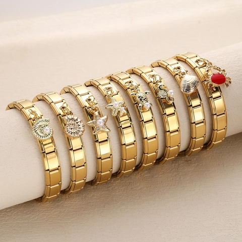 Bracelet Charm Italien en Acier Inoxydable Plaqué Or Pour Femme Série Marine Bracelet Élastique Modulaire Pendentif
