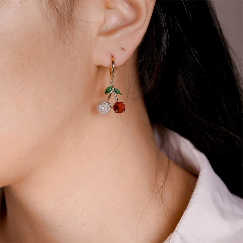 Fashionable Copper Cherry Drop Earrings Sweet Fruit Heart Rhinestone Artificial Pearl Dangle Earrings For Women Jewelry