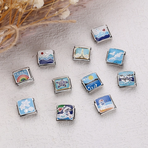 Maillons Italian Charm en Acier Inoxydable Éléments Océan Bleu DIY Bracelet Pendentifs Modulaires pour la Création de Bijoux