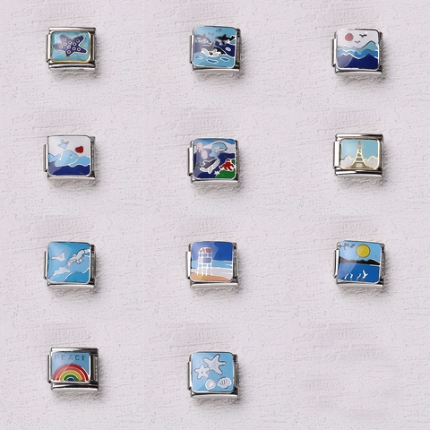 Maillons Italian Charm en Acier Inoxydable Éléments Océan Bleu DIY Bracelet Pendentifs Modulaires pour la Création de Bijoux
