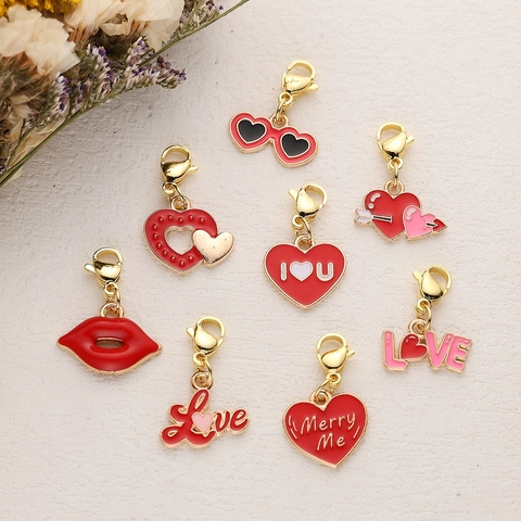 Alloy Enamel Heart Pendant With Lobster Clasp Red Gold Love Lips For DIY Necklace Bracelet Making Valentine Gift Jewelry Finding
