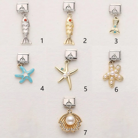 Stainless Steel Marine Animal Italian Charms Alloy Artificial Pearl Rhinestone Sea Star Shell Fish DIY Bracelet Accessory