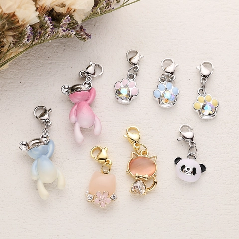 Cute Enamel Alloy Animal Charms With Lobster Clasp Bear Panda Cat Paw Rhinestone Pendant For DIY Necklace Jewelry Making