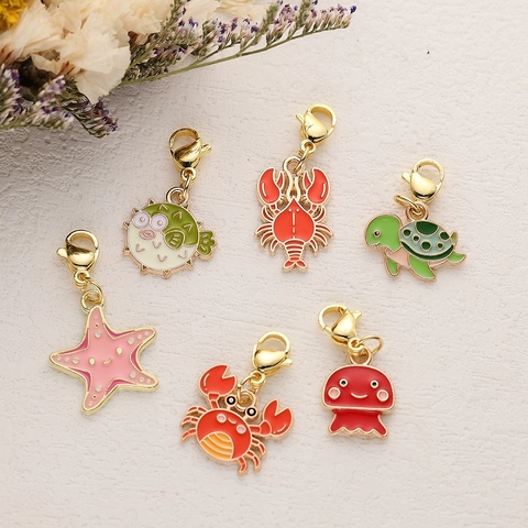 Alloy Enamel Ocean Creature Pendants With Lobster Clasp Cartoon Sea Star Crab Turtle Pendant For DIY Jewelry Making Keychain Decoration