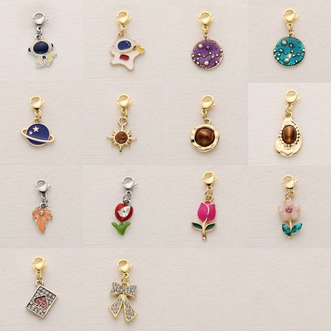 Alloy Enamel Rhinestone Pendants For DIY Jewelry Making Astronaut Planet Flower Bow Spade Heart Charms With Lobster Clasp