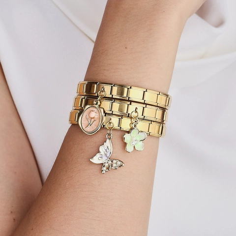 Gold Plated Stainless Steel Italian Charm Bracelet Enamel Butterfly Tulip Flower Pendant Modular Links Bracelet For Women Vintage Jewelry