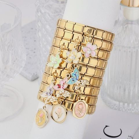 Gold Plated Stainless Steel Italian Charm Bracelet Enamel Butterfly Tulip Flower Pendant Modular Links Bracelet For Women Vintage Jewelry