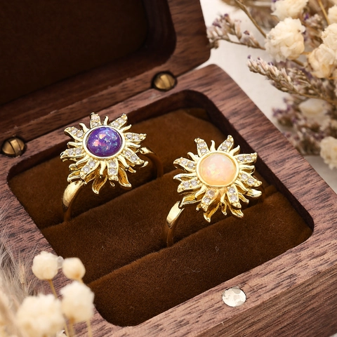 Sun Flower Rotating Ring For Women Copper Gold Silver Plated Zirconia Synthetic Opal Adjustable Open Ring Jewelry Gift