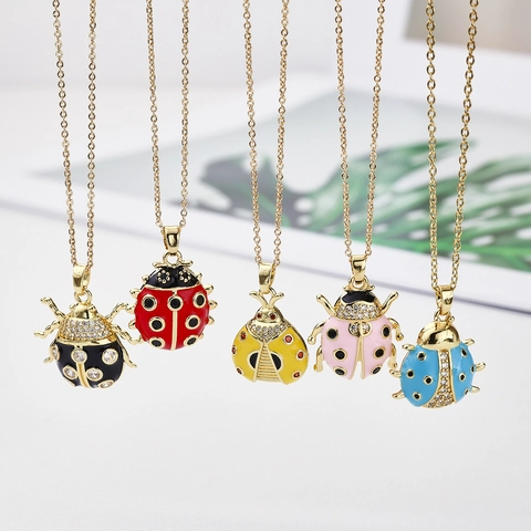 Gold Plated Copper Colorful Enamel Ladybug Pendant DIY Necklace Earring Accessories Rhinestone Inlaid Insect Charms For Jewelry Making