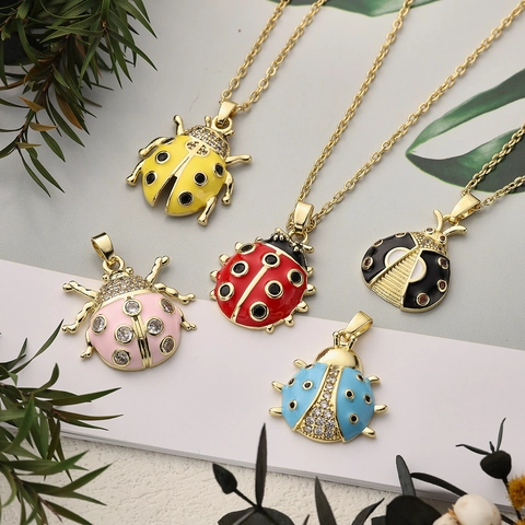 Gold Plated Copper Colorful Enamel Ladybug Pendant DIY Necklace Earring Accessories Rhinestone Inlaid Insect Charms For Jewelry Making