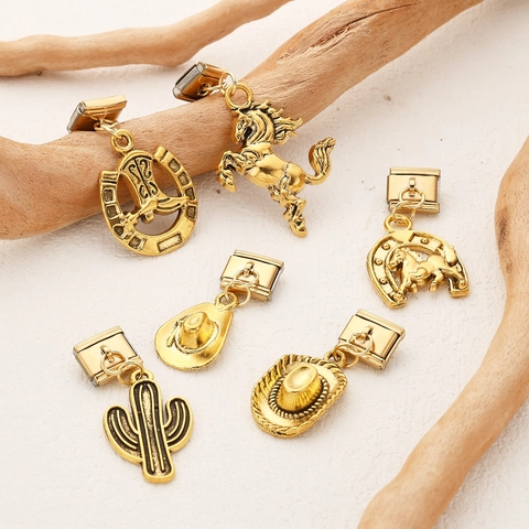Vintage Gold Stainless Steel Italian Charm Link Bracelet Pendant Western Cowboy Theme Horse Cactus Cowboy Hat Horseshoe DIY Jewelry Accessory