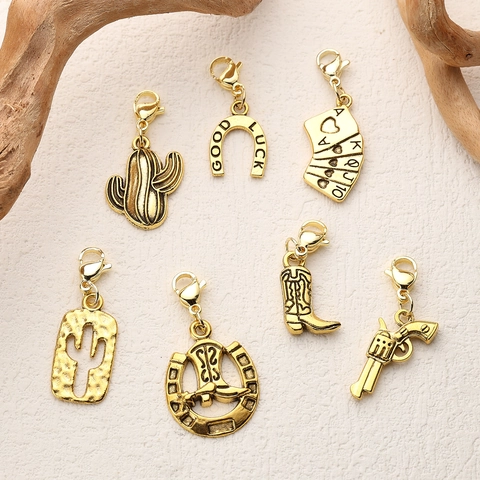 DIY Western Cowboy Alloy Charms Gold Plated Lobster Clasp Pendants For Bracelet Necklace Jewelry Making Cactus Cowboy Hat Horseshoe Boot Charms