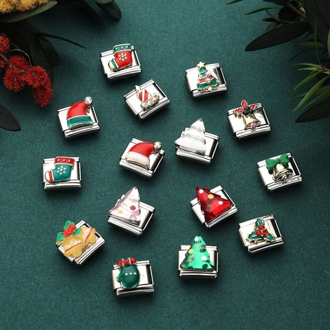 Link per Bracciale Modulare Natale in Acciaio Inossidabile Babbo Natale Albero Smalto Strass Perla Artificiale Charms DIY