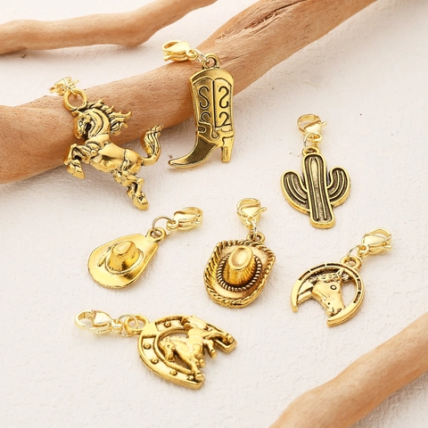 DIY Western Cowboy Alloy Charms Gold Plated Lobster Clasp Pendants For Bracelet Necklace Jewelry Making Cactus Cowboy Hat Horseshoe Boot Charms