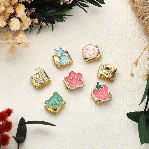 Link Charm Italiano in Acciaio Inossidabile per Bracciale Fai-da-te Carino Smalto Gatto Fragola Fiore Mela Cuore Motivo Strass Accessori Gioielli
