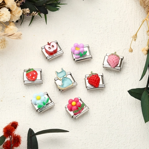 Link Charm Italiano in Acciaio Inossidabile per Bracciale Fai-da-te Carino Smalto Gatto Fragola Fiore Mela Cuore Motivo Strass Accessori Gioielli