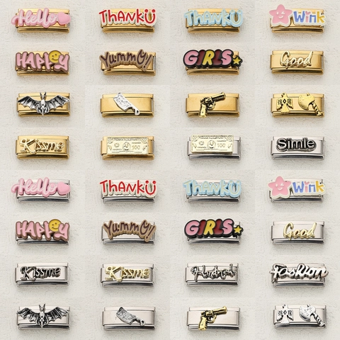 Stainless Steel Italian Charms DIY Bracelet Links Halloween Bat Knife Pattern Letter Modular Jewelry Pendants Accessories