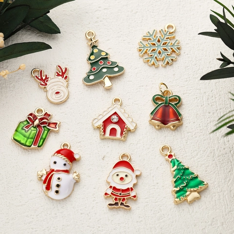 Kerstmis Legering Emaille Hanger Charms Voor DIY Sieraden Maken Ketting Oorbellen Kerstboom Sneeuwpop Kerstman Rendier Sneeuwvlok Geschenkdoos Huis Strass Charms
