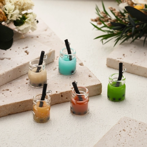 Cute Resin Cartoon Charms Mini Duck Milk Tea Mushroom Pendants With Metal Ring For DIY Jewelry Keychain Making Craft Accessories