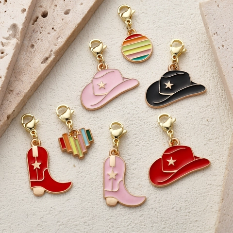 Retro Western Cowboy Hat Boot Alloy Enamel Pendant Lobster Clasp Multicolor Charms For DIY Jewelry Making Mardi Gras Party Accessories