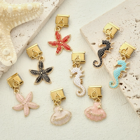 Stainless Steel Ocean Series Italian Charm Starfish Seahorse Shell Pendant DIY Bracelet Jewelry Component Accessory