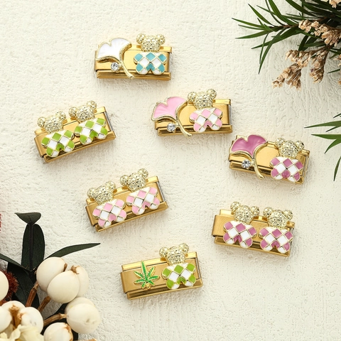 Stainless Steel Italian Charm Bear Bracelet Links Checkered Enamel Ginkgo Leaf Gold Plated DIY Modular Bracelet Jewelry Accessories