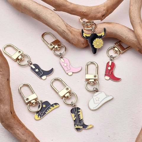 Western Cowboy Style Zinc Alloy Enamel Keychain Vintage Boot Hat Bull Head Pendant Bag Charm For Women Men Jewelry Gift
