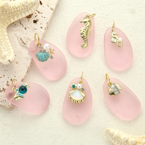 Ocean Life Alloy Pendants Pink Frosted Resin Marine Animal Charms With Faux Artificial Pearl Rhinestone For DIY Jewelry Making Pendants