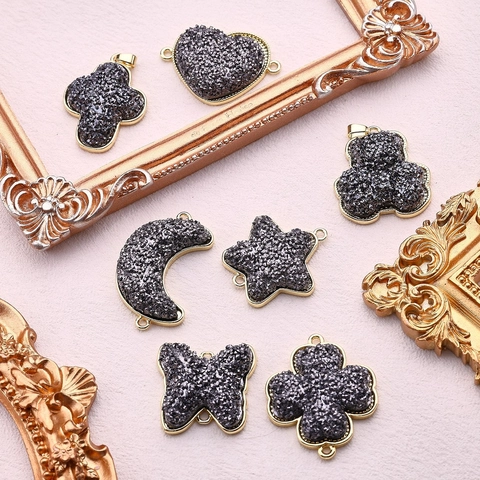 Elegant Copper Druzy Heart Moon Star Bear Cross Clover Butterfly Charms Pendants For Jewelry Making Gold Plated DIY Connectors