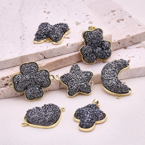 Elegant Copper Druzy Heart Moon Star Bear Cross Clover Butterfly Charms Pendants For Jewelry Making Gold Plated DIY Connectors