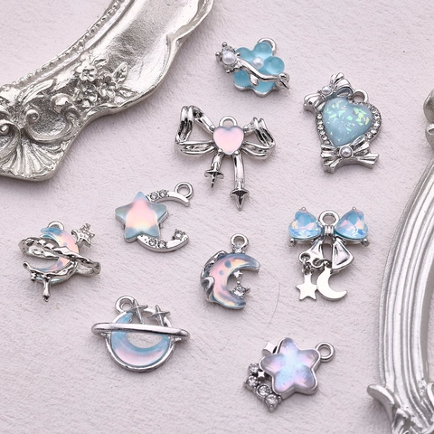 Sweet Blue Faux Opal Alloy Charms Moon Star Heart Bow Pendants For DIY Jewelry Making Necklaces Bracelets Accessories For Women