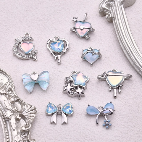 Sweet Blue Faux Opal Alloy Charms Moon Star Heart Bow Pendants For DIY Jewelry Making Necklaces Bracelets Accessories For Women