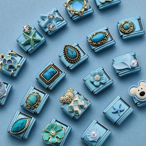 Stainless Steel Italian Charm Links Light Blue Marine Series Starfish Sea Turtle Enamel Modular DIY Bracelet Accessories Jewelry