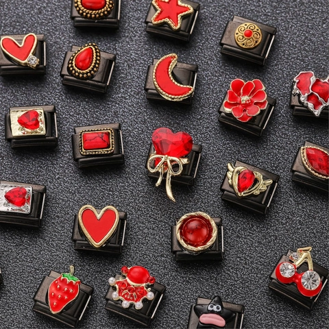 Ciondolo per Bracciale in Stile Italiano Vintage in Acciaio Inossidabile a Forma di Cuore Stella Luna Fragola Nero Rosso DIY Gioielli