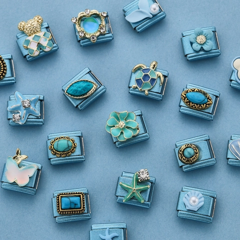 Stainless Steel Italian Charm Links Light Blue Marine Series Starfish Sea Turtle Enamel Modular DIY Bracelet Accessories Jewelry