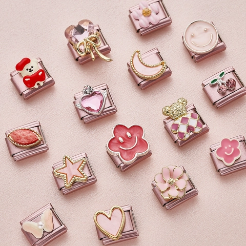 Elegant Pink Stainless Steel Italian Charm Link For DIY Modular Bracelet Heart Flower Bear Pattern Fashion Jewelry Accessory