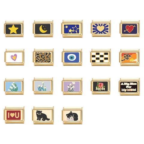 Vergoldete Edelstahl Italienische Charm Glieder Stern Mond Herz Blume Böser Blick Muster DIY Modulare Armband Charms Schmuck