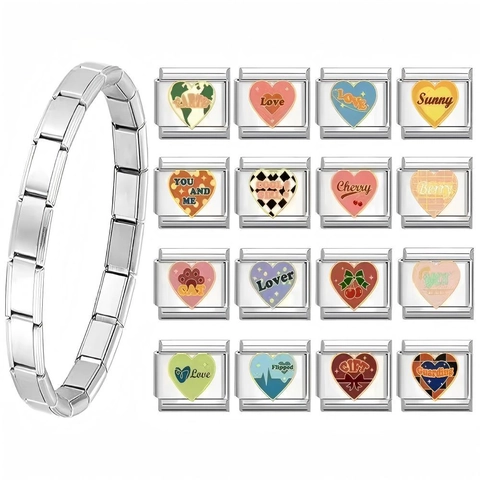 Italienisches Charm Armband Damen Edelstahl Herz DIY Modulares Glied Armband Mit Emaille Liebe Buchstaben Mode Schmuck Geschenk