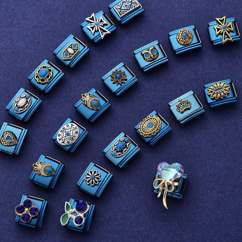 Vintage Blau Edelstahl Italienische Charms Links Für DIY Armband Retro Kreuz Eule Herz Krone Strass Modulares Schmuckzubehör
