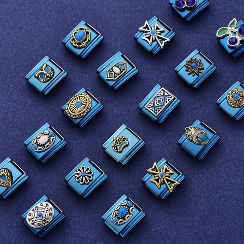Vintage Blau Edelstahl Italienische Charms Links Für DIY Armband Retro Kreuz Eule Herz Krone Strass Modulares Schmuckzubehör