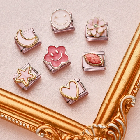 Elegant Pink Stainless Steel Italian Charm Link For DIY Modular Bracelet Heart Flower Bear Pattern Fashion Jewelry Accessory