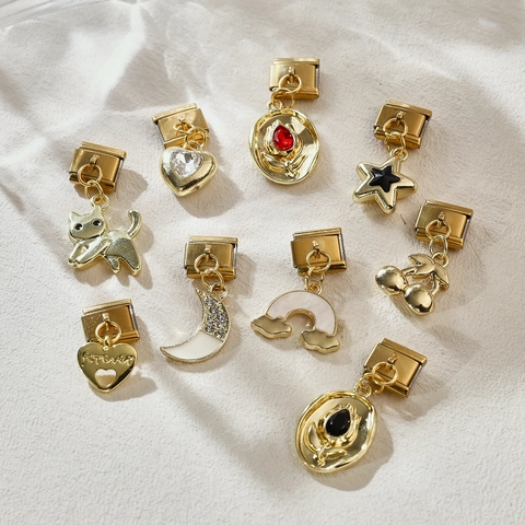 Vintage Gold Italienisch Charms Edelstahl DIY Armband Links Mit Strass Herz Sonne Katze Kirsche Design Schmuck Zubehör