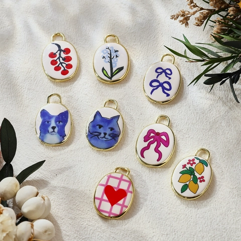 Retro Oval Copper Enamel Flower Animal Fruit Pattern Pendant DIY Handmade Earring Necklace Jewelry Findings Accessory