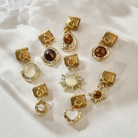 Vintage Gold Italienisch Charms Edelstahl DIY Armband Links Mit Strass Herz Sonne Katze Kirsche Design Schmuck Zubehör