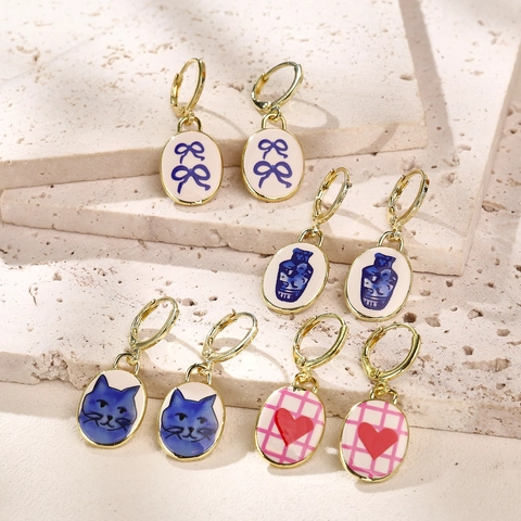 Vintage Enamel Oval Drop Earrings Gold Plated Copper Floral Fruit Cat Heart Bow Pattern Cute Pastoral Jewelry For Women