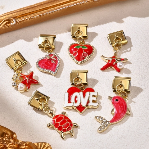 Italian Charm Modular Bracelet Accessories Gold Plated Stainless Steel Red Enamel Heart Marine Flower DIY Jewelry Charms