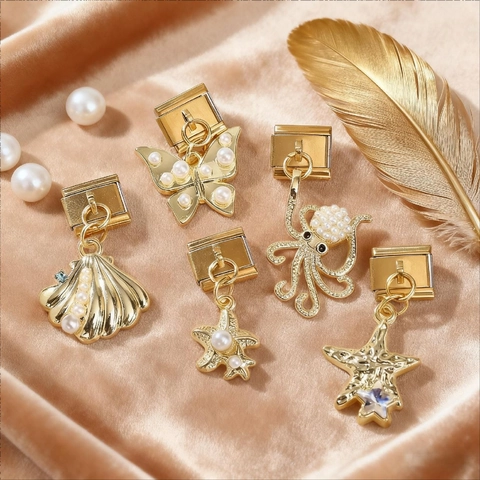 Italian Modular Bracelet Charms Stainless Steel Gold Plated Butterfly Heart Starfish Pattern DIY Jewelry Making Links