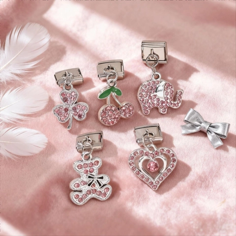 Italienisches Modulares Charm Link Rosa Strass Edelstahl DIY Armband Zubehör Stern Herz Schleife Krone Bär Elefant Schmuck Komponente